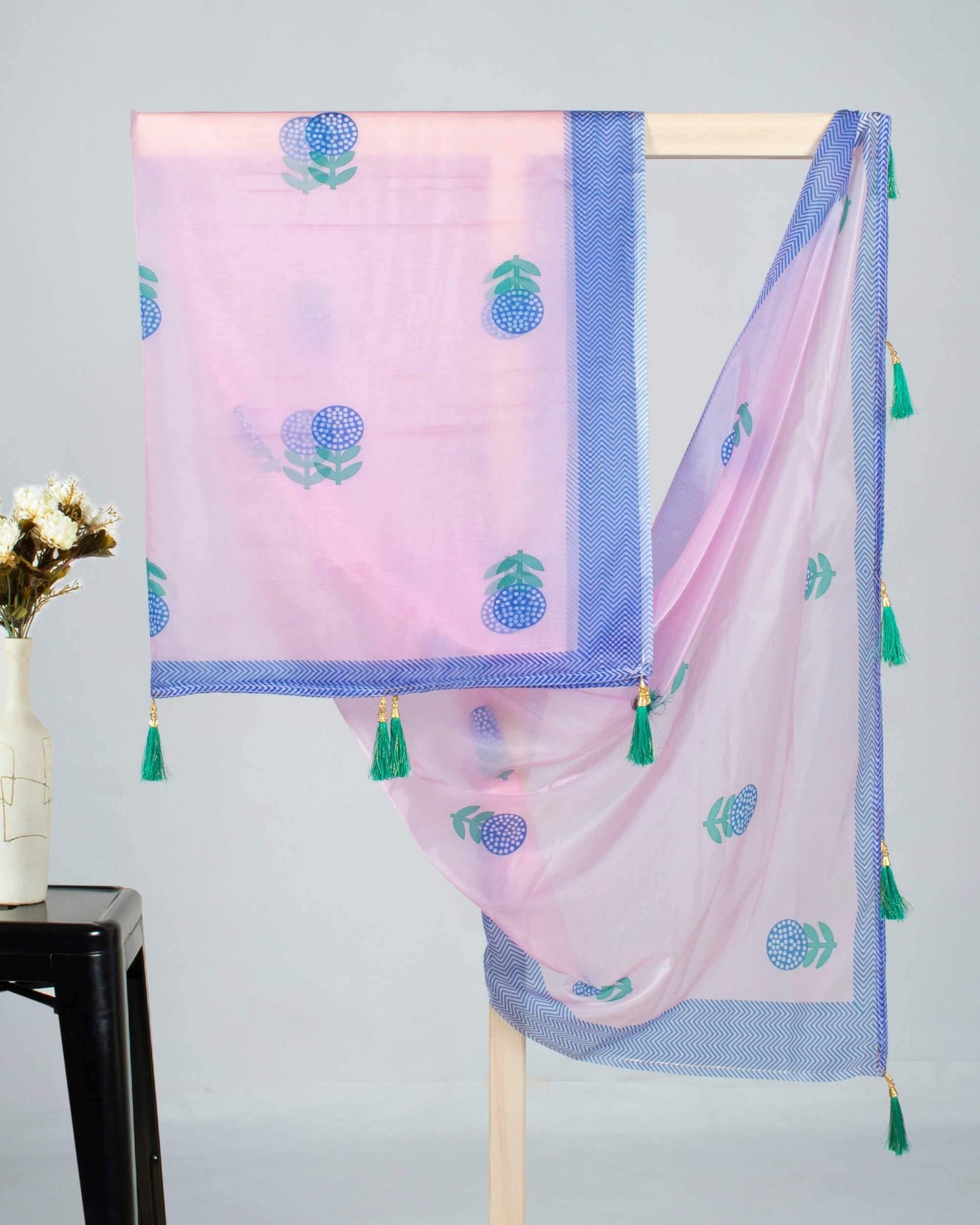 Taffy Pink And Royal Blue Floral Pattern Digital Print Premium Organza Dupatta With Tassels - Fabcurate