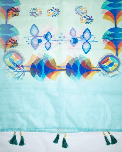 Turquoise And Red Floral Pattern Digital Print Premium Organza Dupatta With Tassels - Fabcurate