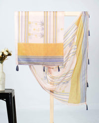 Salmon Peach And Dijjon Yellow Floral Pattern Digital Print Premium Organza Dupatta With Tassels - Fabcurate