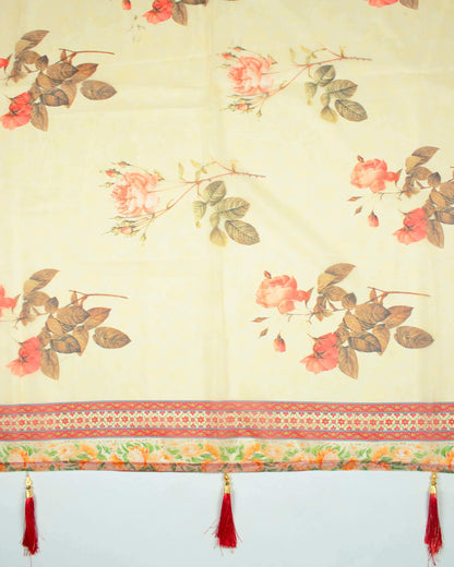 Maroon And Oyster Beige Floral Pattern Digital Print Premium Organza Dupatta With Tassels - Fabcurate