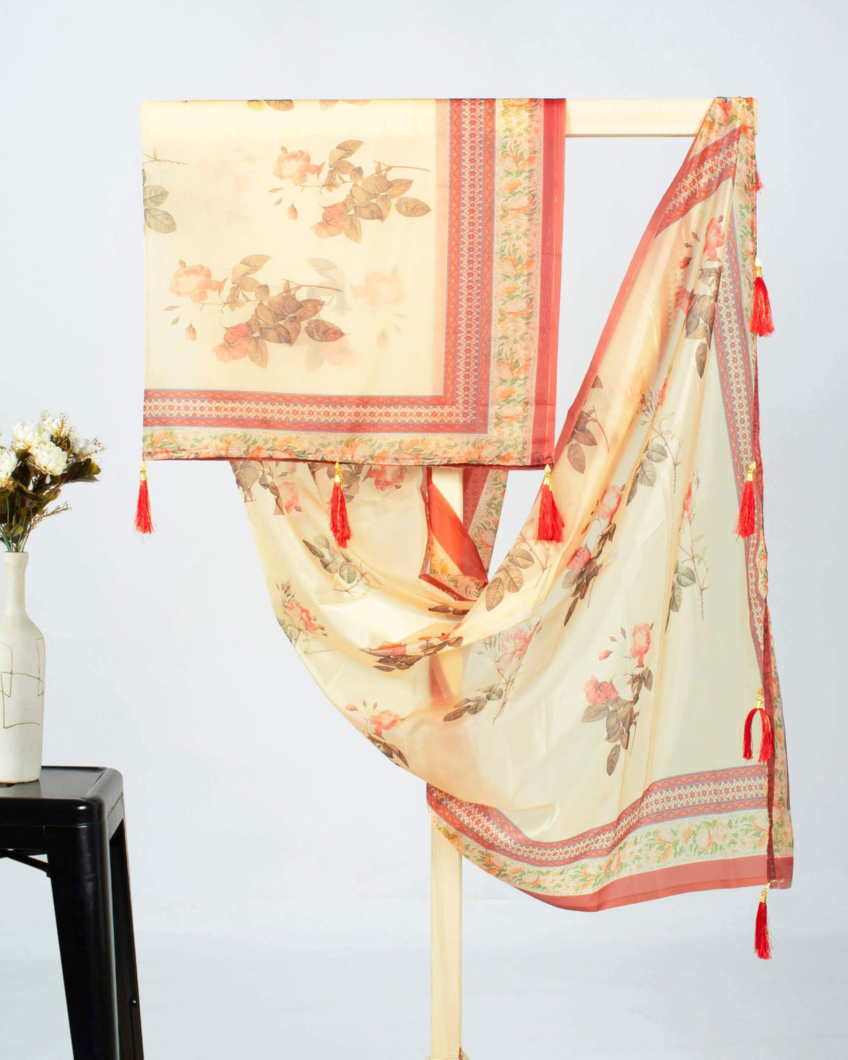 Maroon And Oyster Beige Floral Pattern Digital Print Premium Organza Dupatta With Tassels - Fabcurate