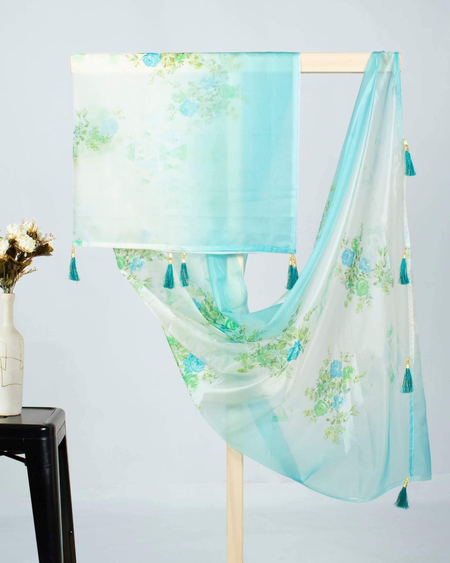 Turquoise And Oyster Beige Floral Pattern Digital Print Premium Organza Dupatta With Tassels - Fabcurate