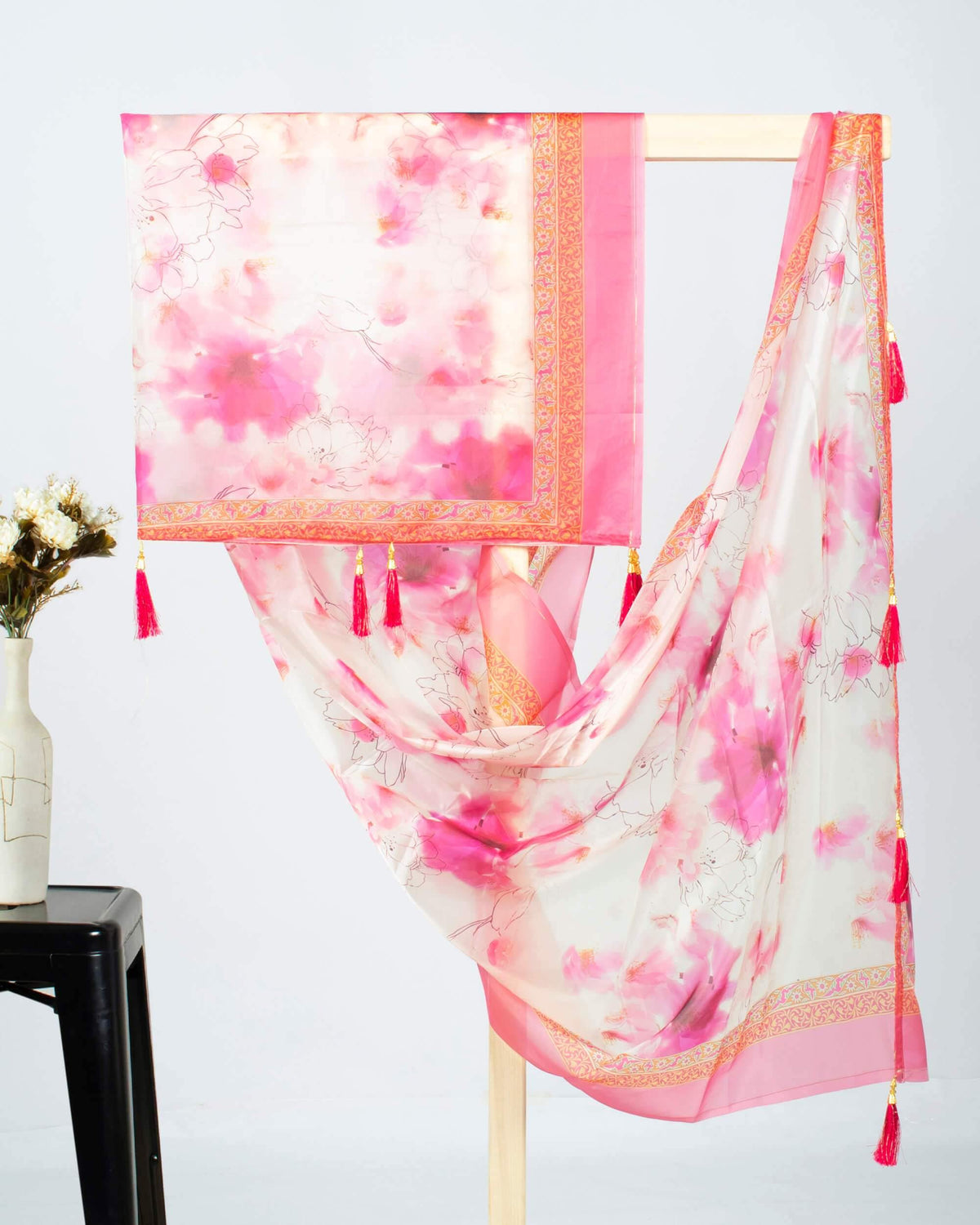 Hippie Pink And Cream Floral Pattern Digital Print Premium Organza Dupatta With Tassels - Fabcurate