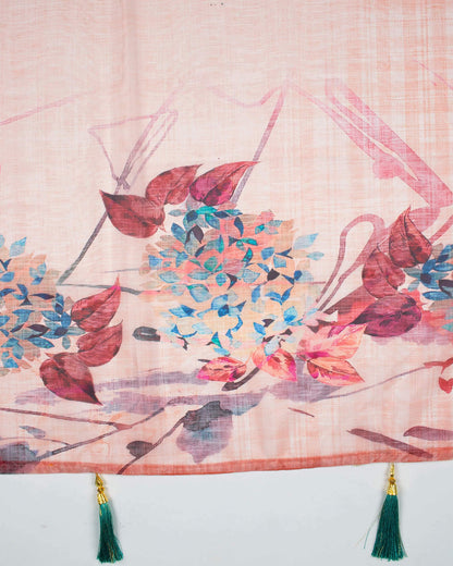 Coral Peach And Blue Leaf Pattern Digital Print Premium Organza Dupatta With Tassels - Fabcurate