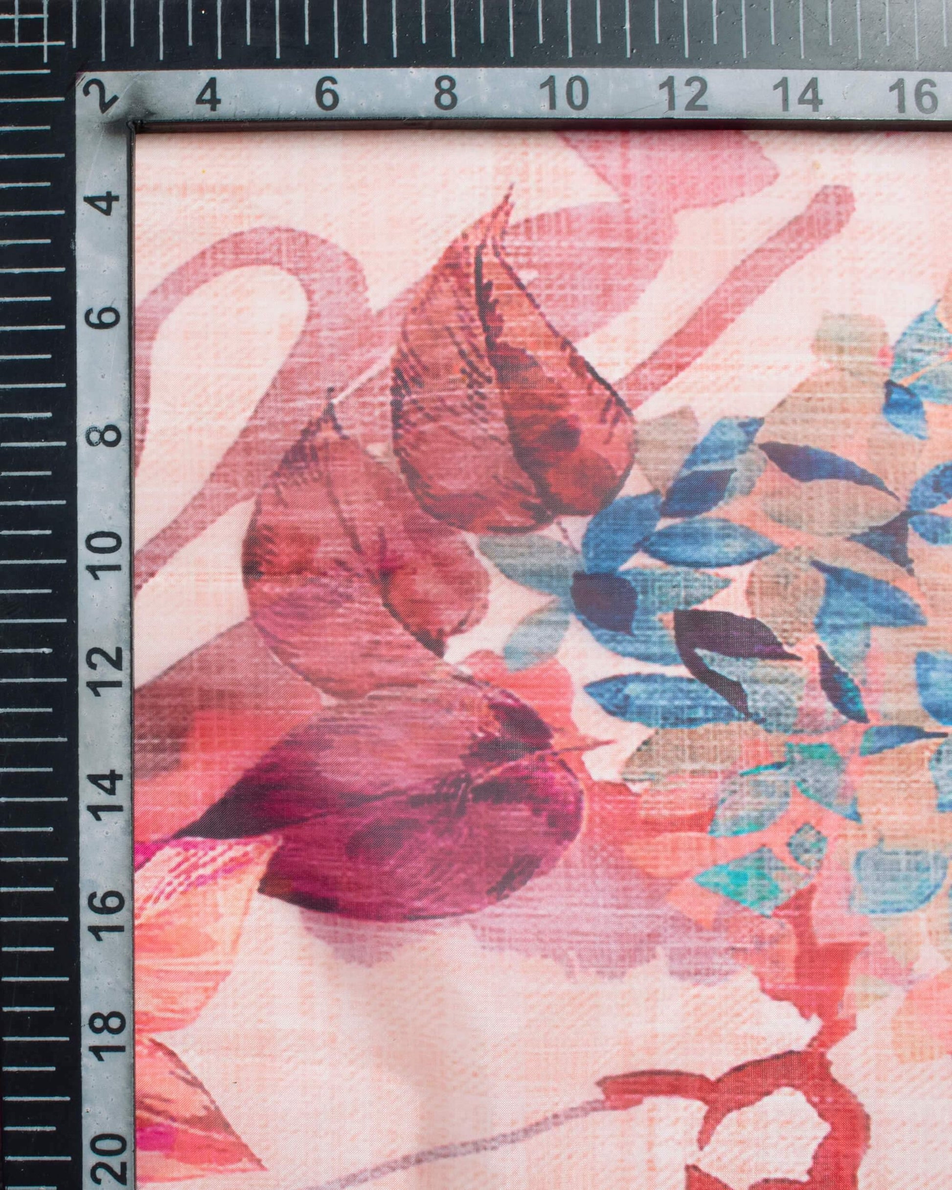 Coral Peach And Blue Leaf Pattern Digital Print Premium Organza Dupatta With Tassels - Fabcurate