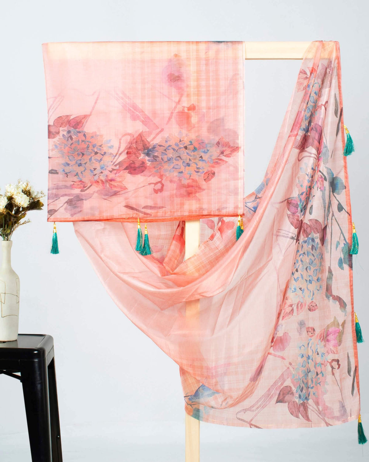 Coral Peach And Blue Leaf Pattern Digital Print Premium Organza Dupatta With Tassels - Fabcurate