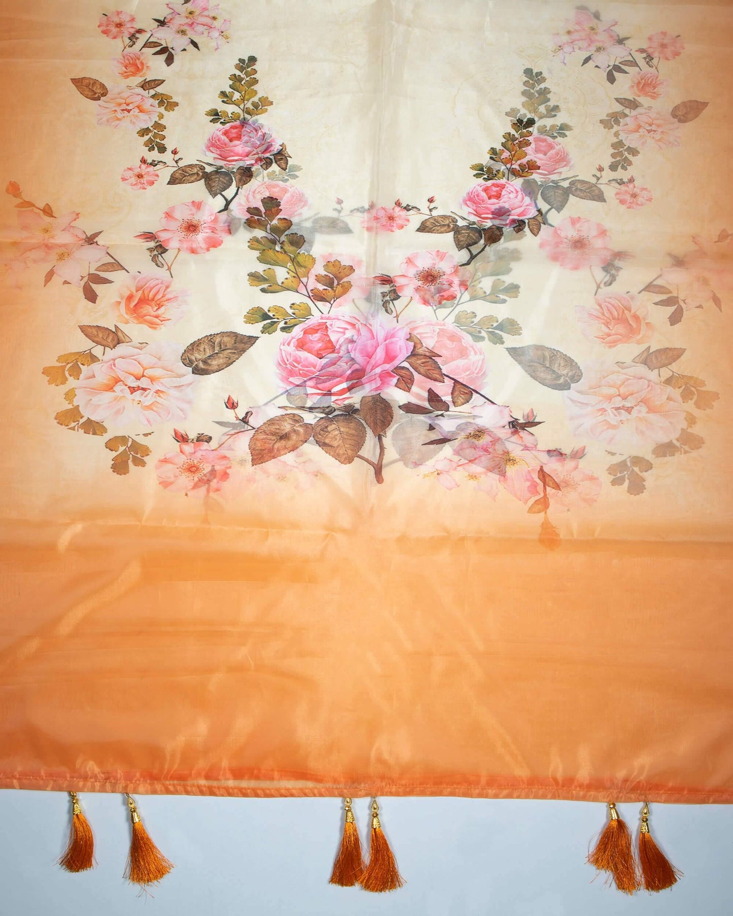 Royal Orange And Pink Floral Pattern Digital Print Premium Organza Dupatta With Tassels - Fabcurate