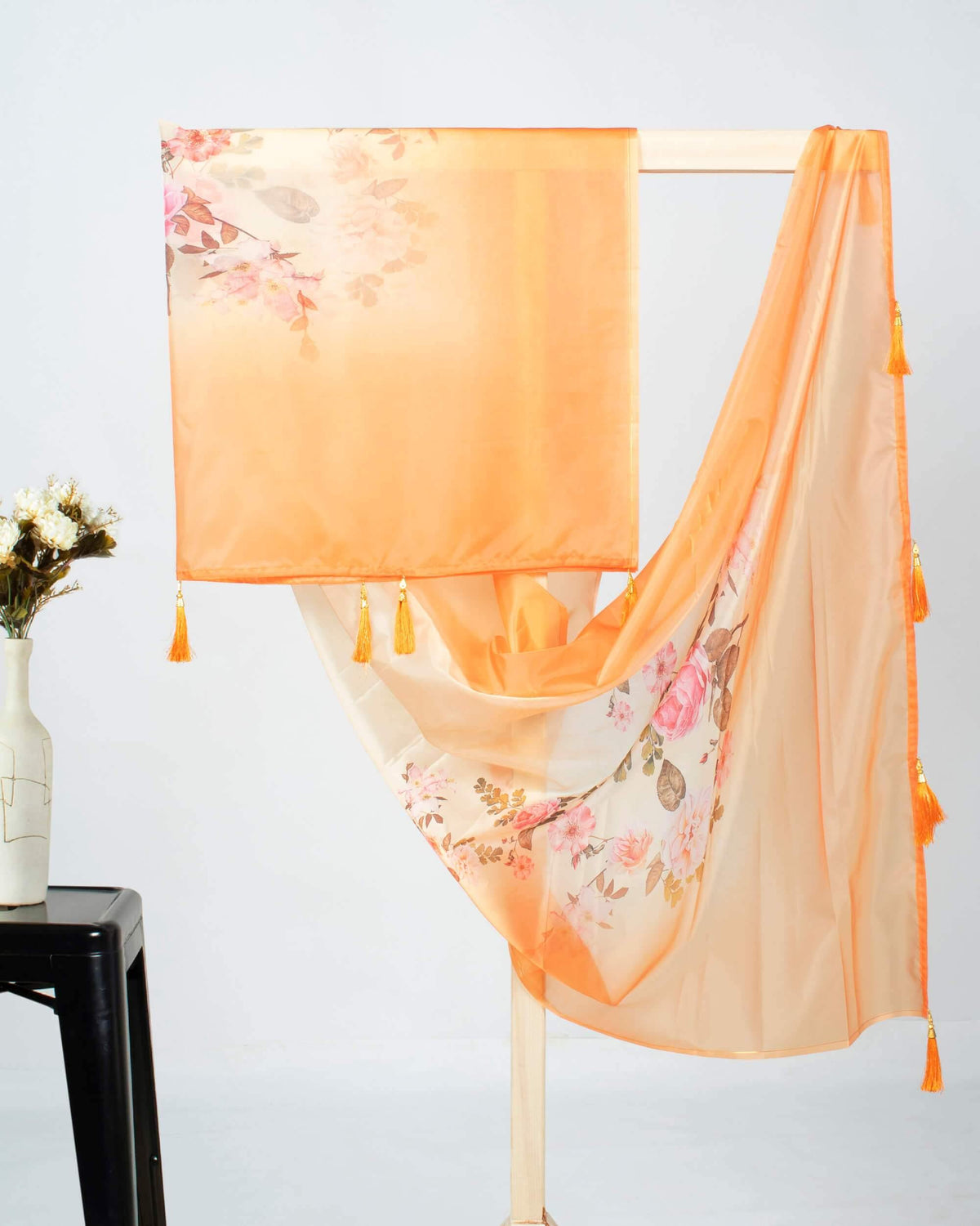 Royal Orange And Pink Floral Pattern Digital Print Premium Organza Dupatta With Tassels - Fabcurate