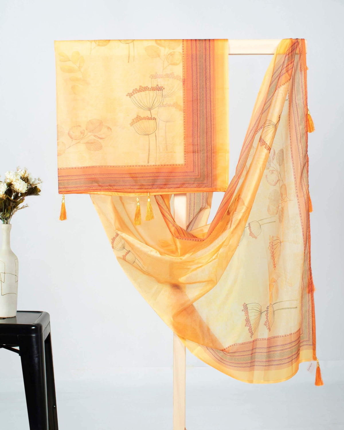 Sandstone Orange And Yellow Leaf Pattern Digital Print Premium Organza Dupatta With Tassels - Fabcurate