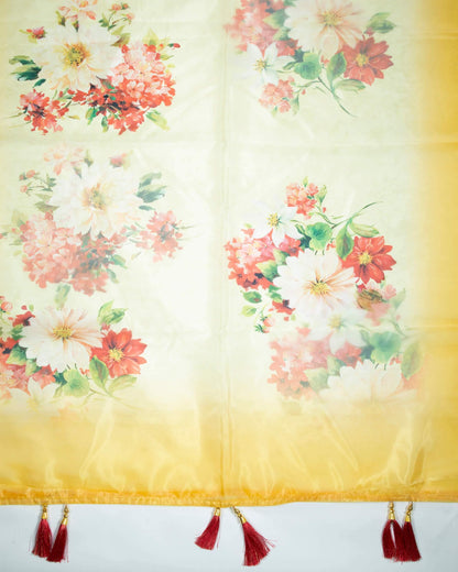 Gold Yellow And Vermilion Red Floral Pattern Digital Print Premium Organza Dupatta With Tassels - Fabcurate