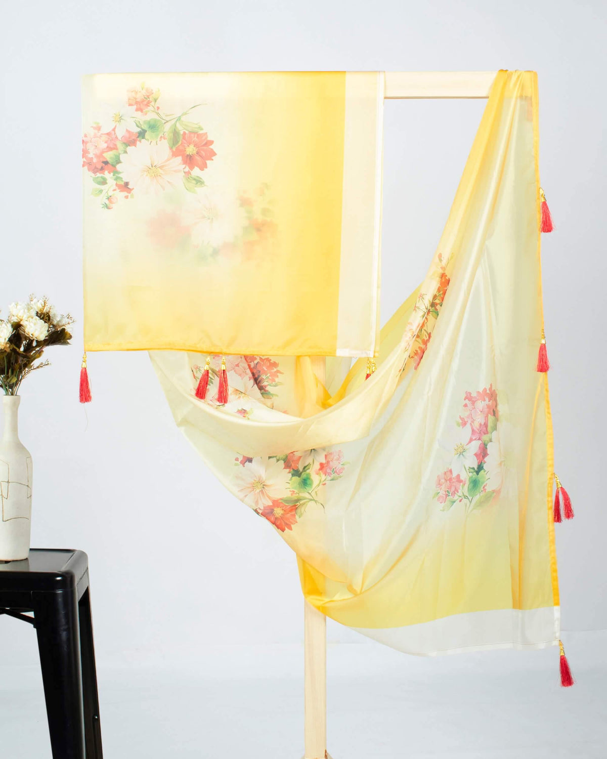 Gold Yellow And Vermilion Red Floral Pattern Digital Print Premium Organza Dupatta With Tassels - Fabcurate