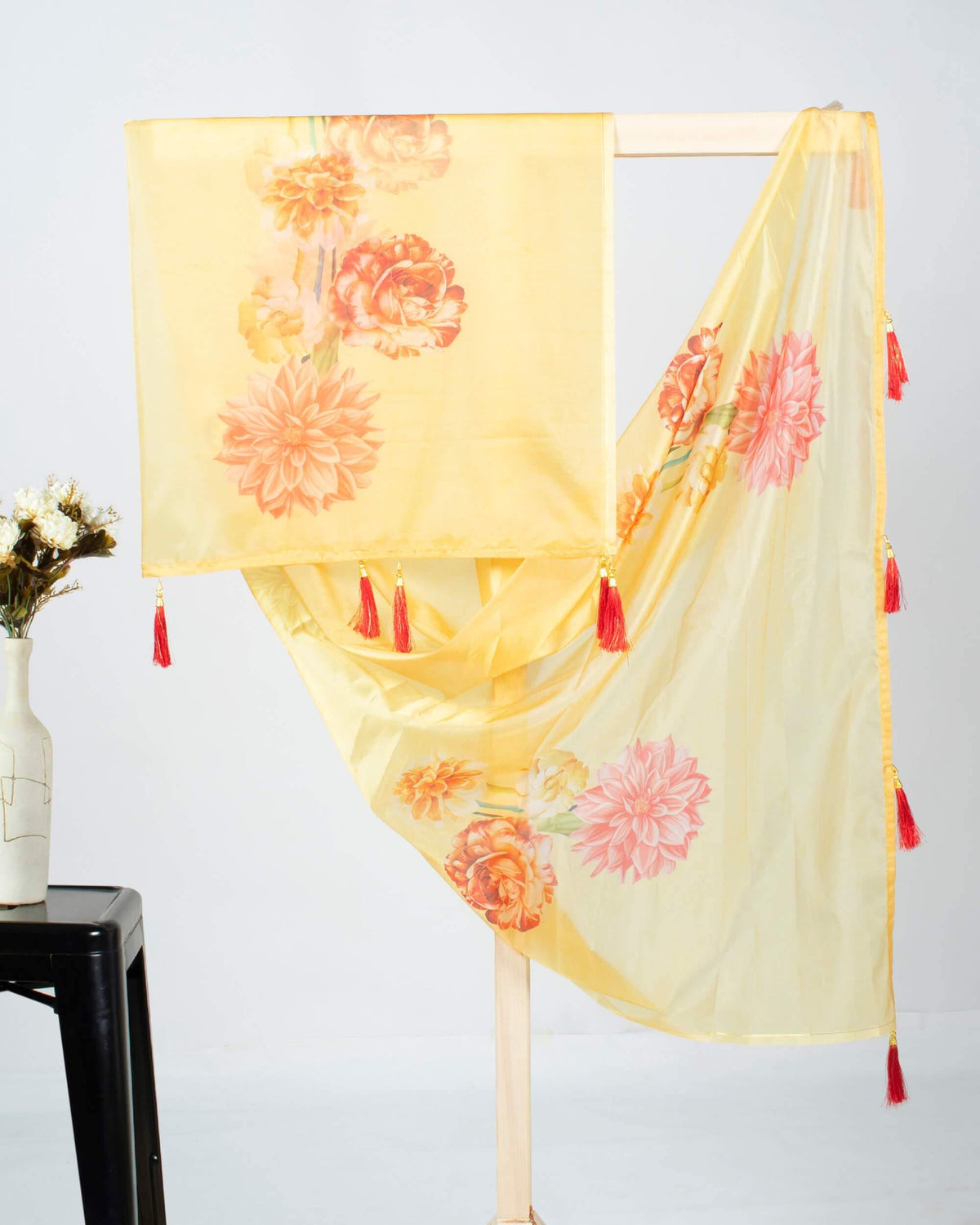 Gold Yellow And Pink Floral Pattern Digital Print Premium Organza Dupatta With Tassels - Fabcurate