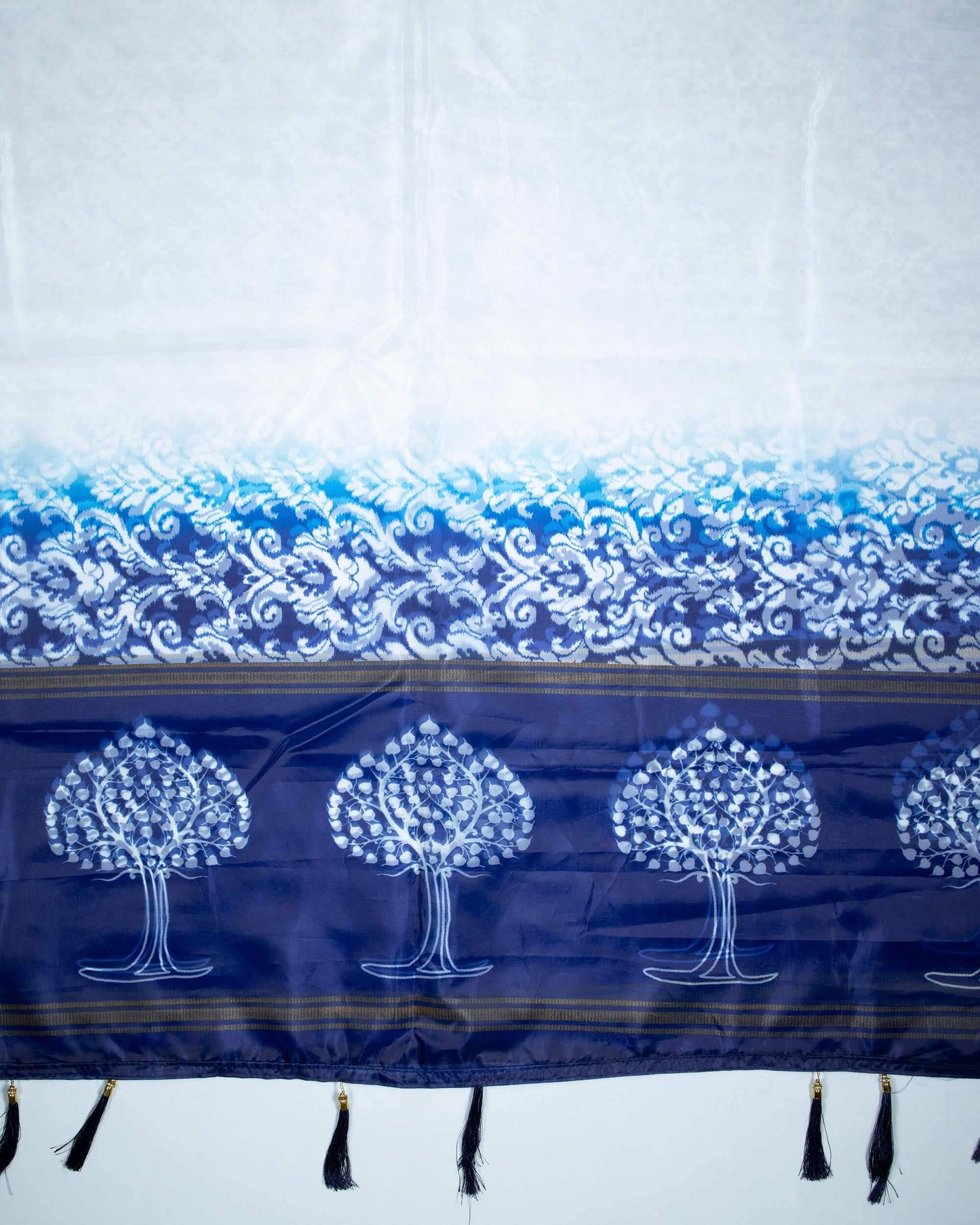 Navy Blue And White Leaf Pattern Digital Print Premium Organza Dupatta With Tassels - Fabcurate