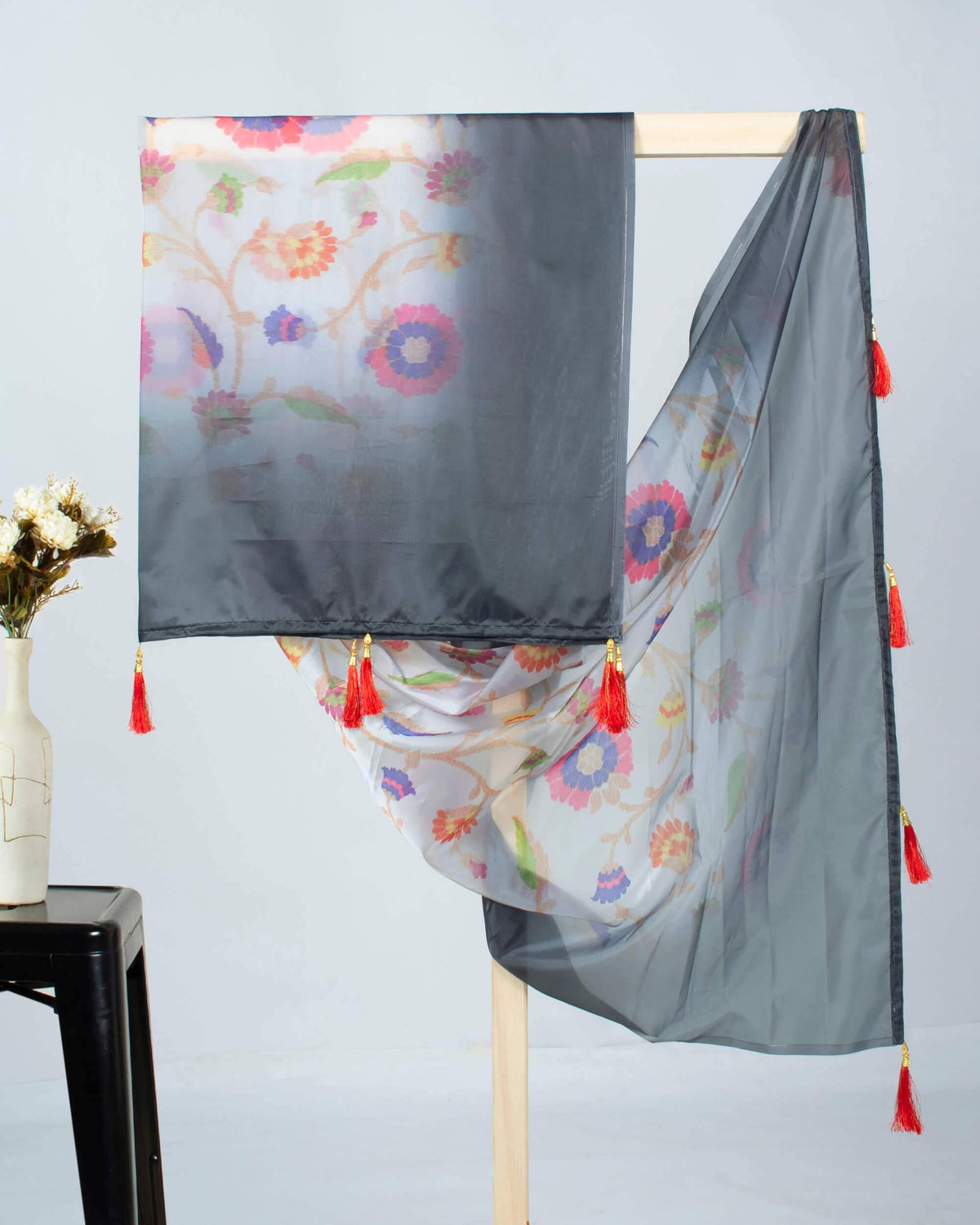 Slate Grey And Pink Floral Pattern Digital Print Premium Organza Dupatta With Tassels - Fabcurate