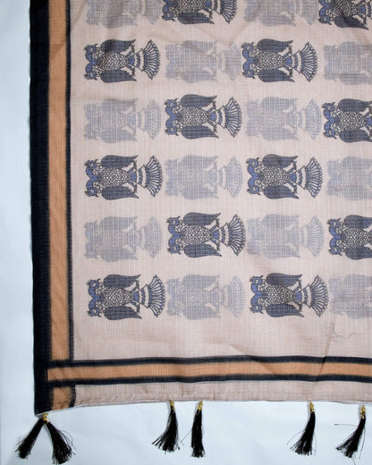 Ivory Cream And Black Quirky Pattern Digital Print Kota Doria Dupatta With Tassels - Fabcurate