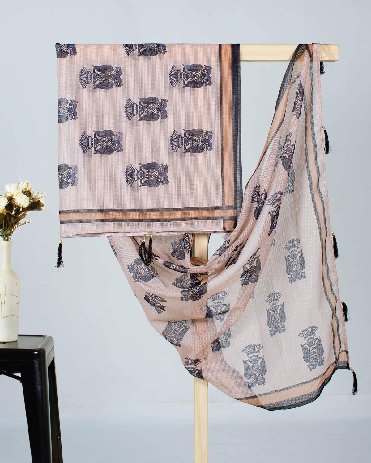 Ivory Cream And Black Quirky Pattern Digital Print Kota Doria Dupatta With Tassels - Fabcurate