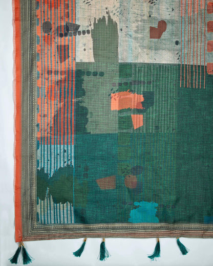 Forest Green And Black Abstract Pattern Digital Print Kota Doria Dupatta With Tassels - Fabcurate