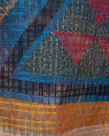 Brick Red And Azure Blue Geometric Pattern Digital Print Kota Doria Dupatta With Tassels - Fabcurate