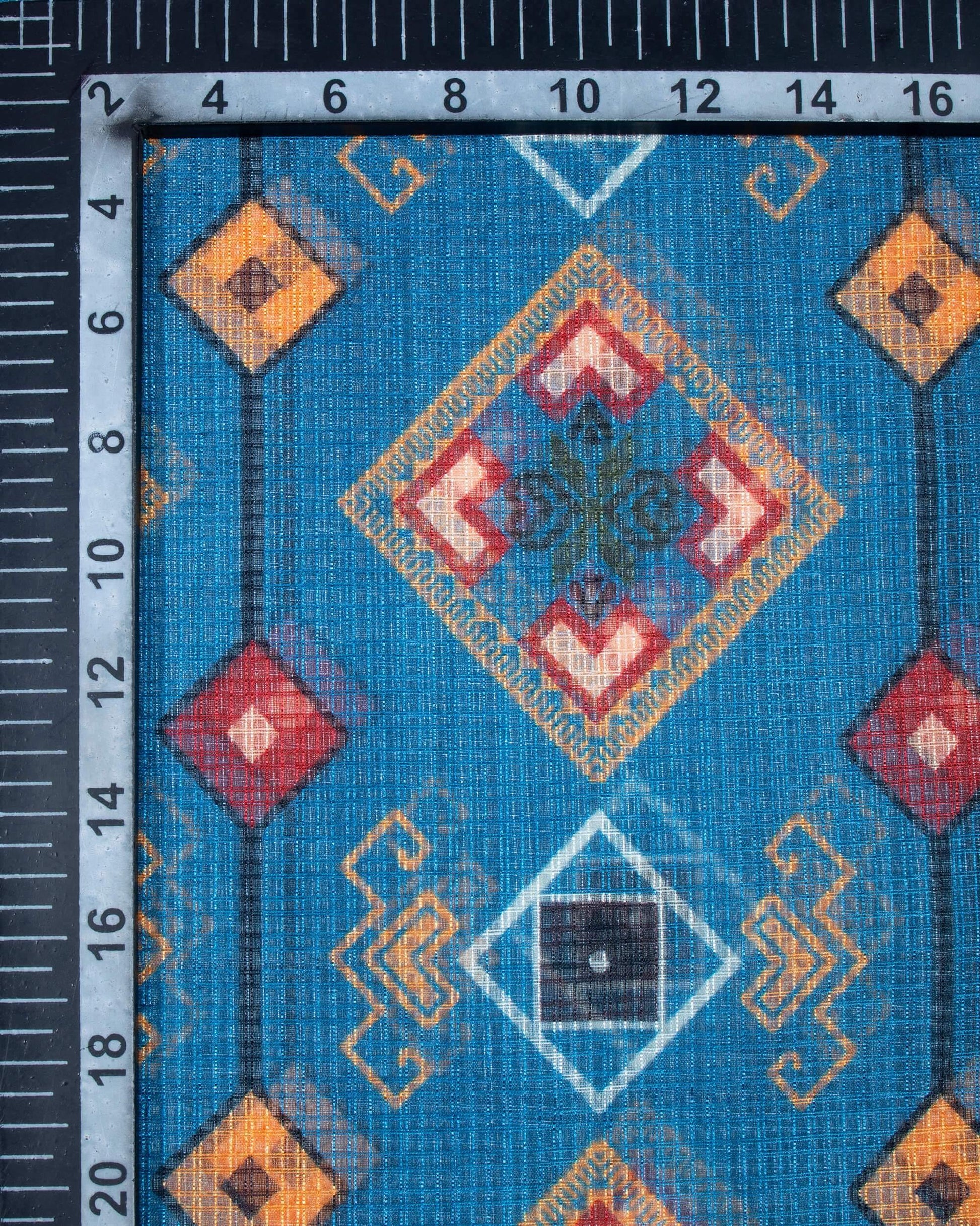 Brick Red And Azure Blue Geometric Pattern Digital Print Kota Doria Dupatta With Tassels - Fabcurate