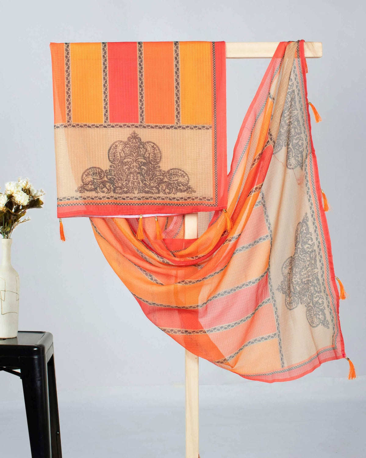 Raspberry Red And Beige Stripes Pattern Digital Print Kota Doria Dupatta With Tassels - Fabcurate