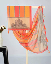 Raspberry Red And Beige Stripes Pattern Digital Print Kota Doria Dupatta With Tassels - Fabcurate