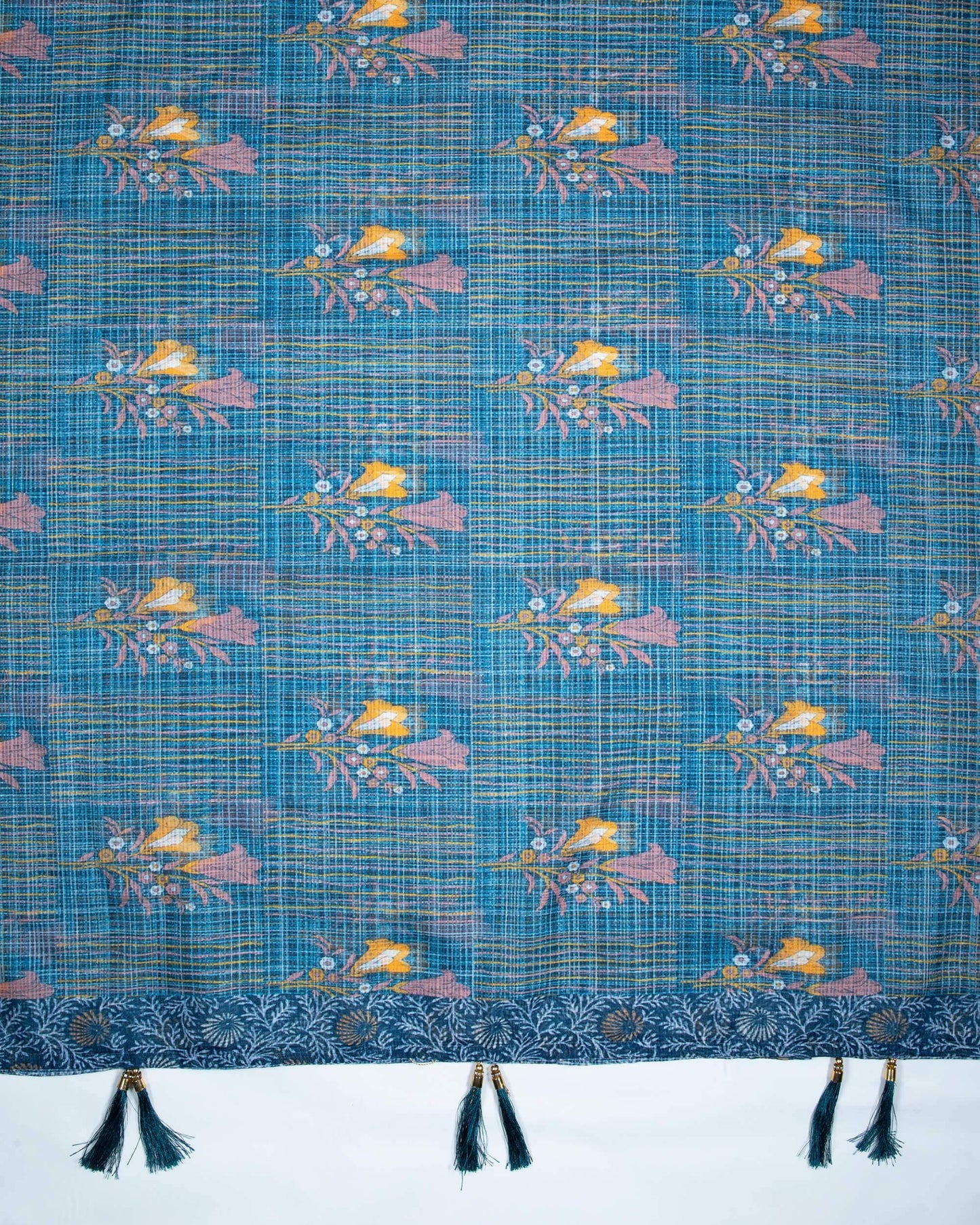 Prussian Blue And Peach Floral Pattern Digital Print Kota Doria Dupatta With Tassels - Fabcurate