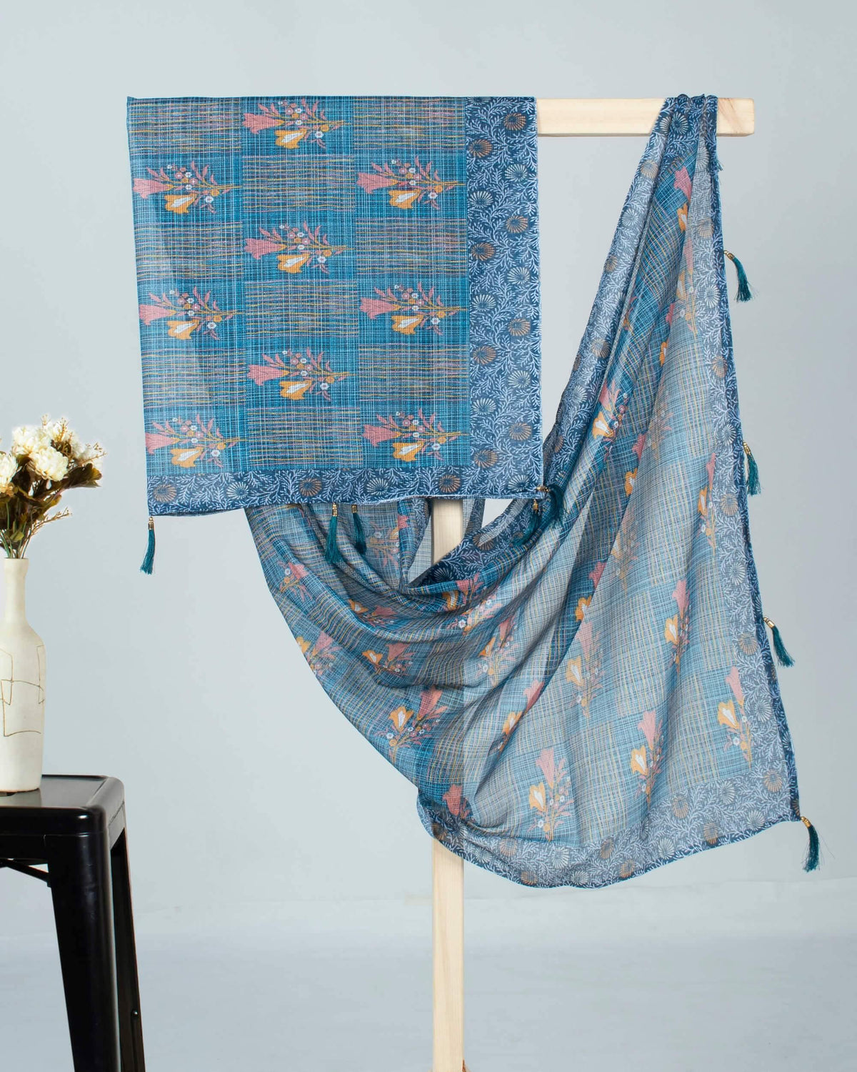 Prussian Blue And Peach Floral Pattern Digital Print Kota Doria Dupatta With Tassels - Fabcurate