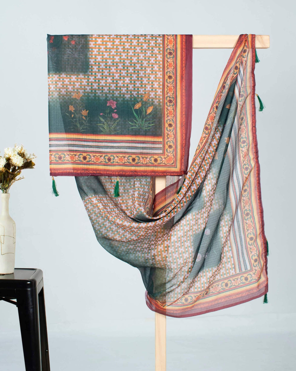 Sacremento Green And White Floral Pattern Digital Print Kota Doria Dupatta With Tassels - Fabcurate