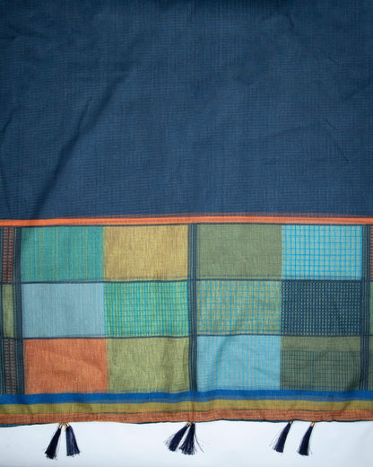 Prusiian Blue And Fire Orange Checks Pattern Digital Print Kota Doria Dupatta With Tassels - Fabcurate