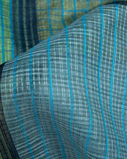 Prusiian Blue And Fire Orange Checks Pattern Digital Print Kota Doria Dupatta With Tassels - Fabcurate