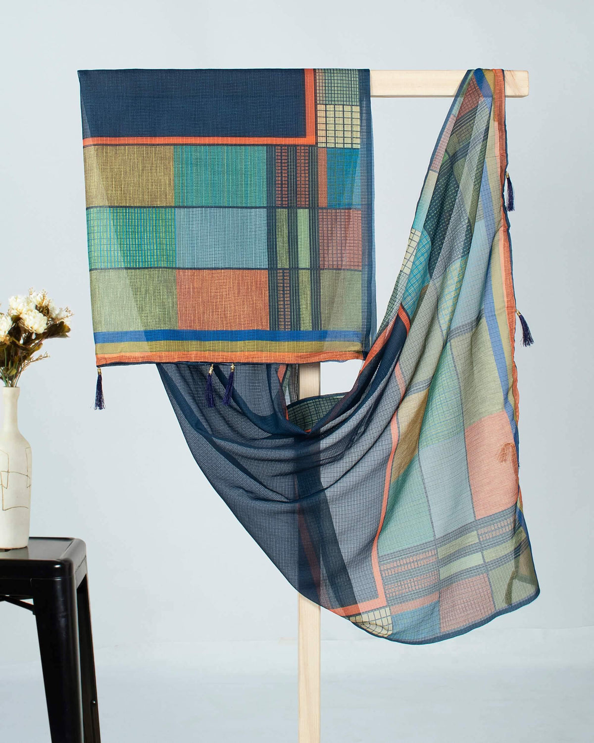 Prusiian Blue And Fire Orange Checks Pattern Digital Print Kota Doria Dupatta With Tassels - Fabcurate