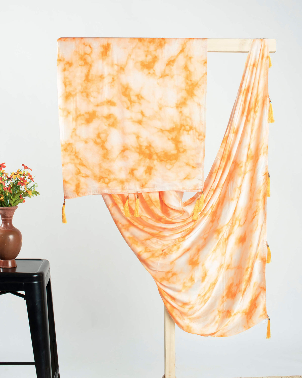 Royal Orange and White Tye And Dye Pattern Digital Print Viscose Gaji Silk Dupatta With Tassles