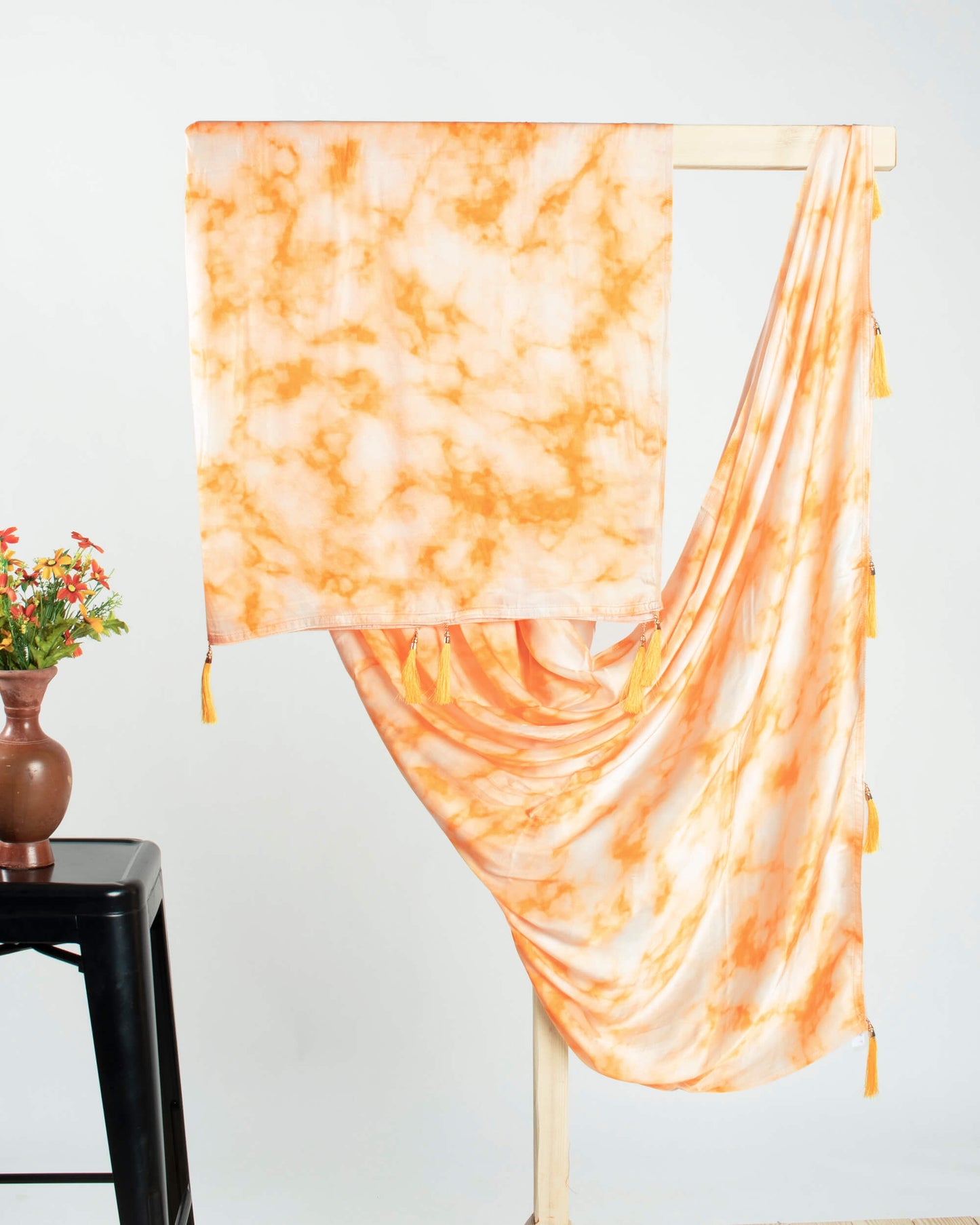 Royal Orange and White Tie & Dye Pattern Digital Print Viscose Gaji Silk Dupatta With Tassles