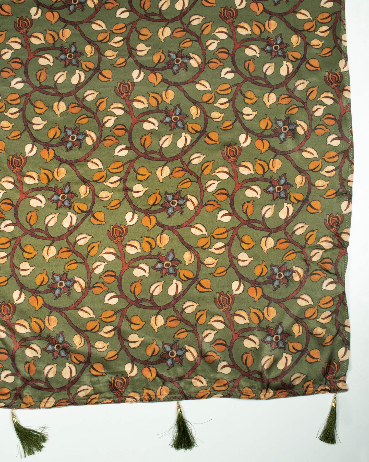 Fern Green And Orange Kalamkari Pattern Digital Print Viscose Gaji Silk Dupatta With Tassles