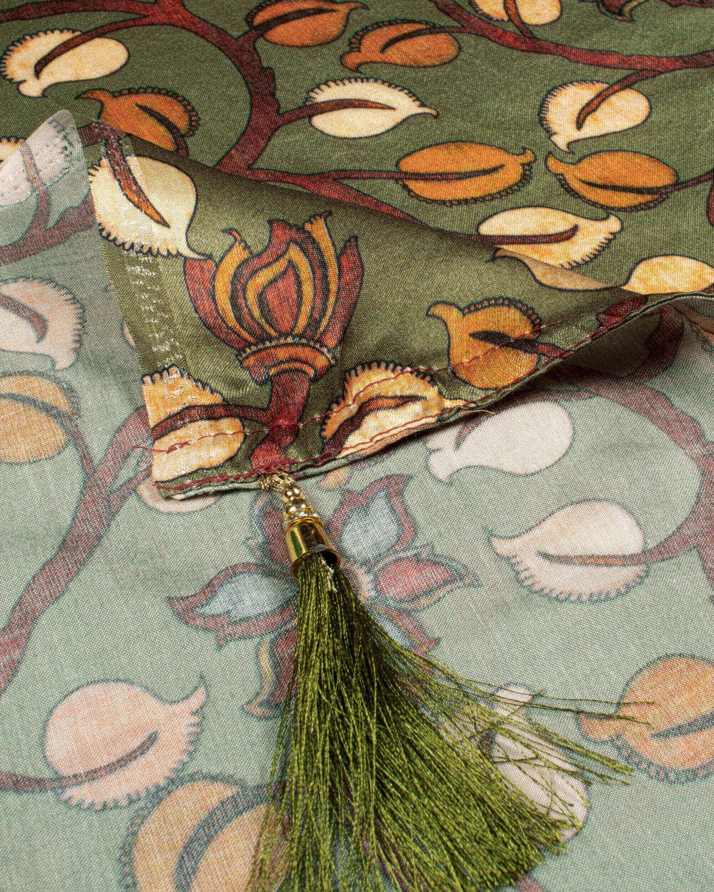 Fern Green And Orange Kalamkari Pattern Digital Print Viscose Gaji Silk Dupatta With Tassles