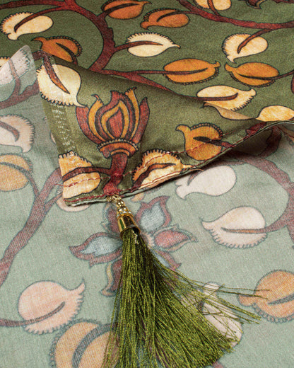 Fern Green And Orange Kalamkrii Pattern Digital Print Viscose Gaji Silk Dupatta With Tassles