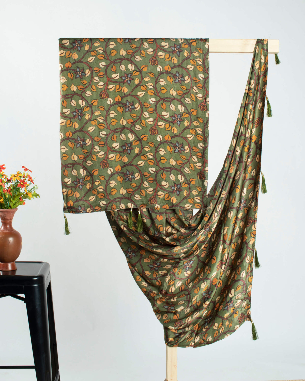 Fern Green And Orange Kalamkari Pattern Digital Print Viscose Gaji Silk Dupatta With Tassles