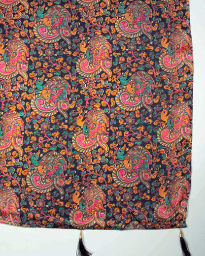 Navy Blue And Hot Pink Kalamkrii Pattern Digital Print Viscose Gaji Silk Dupatta With Tassles