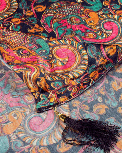 Navy Blue And Hot Pink Kalamkrii Pattern Digital Print Viscose Gaji Silk Dupatta With Tassles
