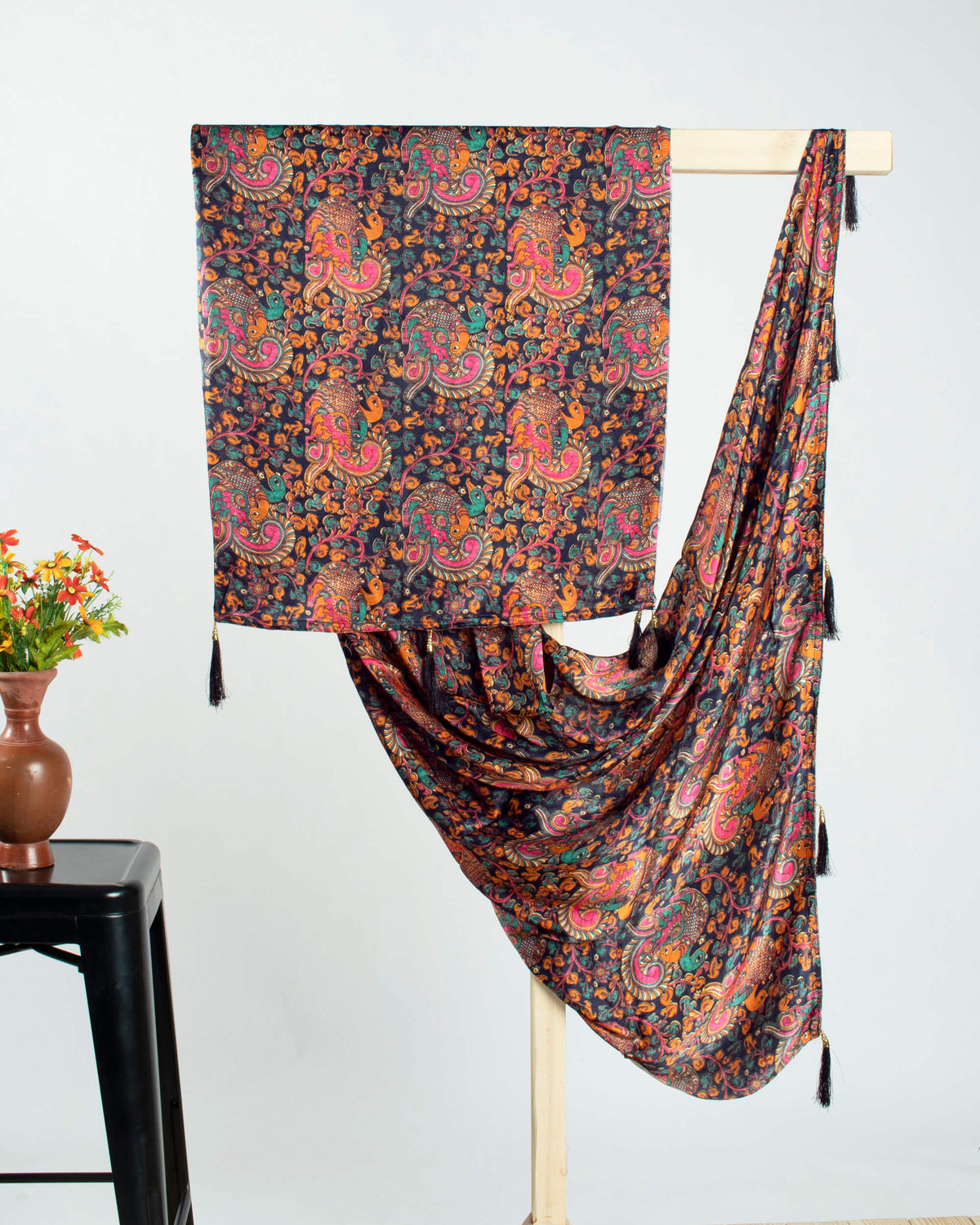 Navy Blue And Hot Pink Kalamkrii Pattern Digital Print Viscose Gaji Silk Dupatta With Tassles