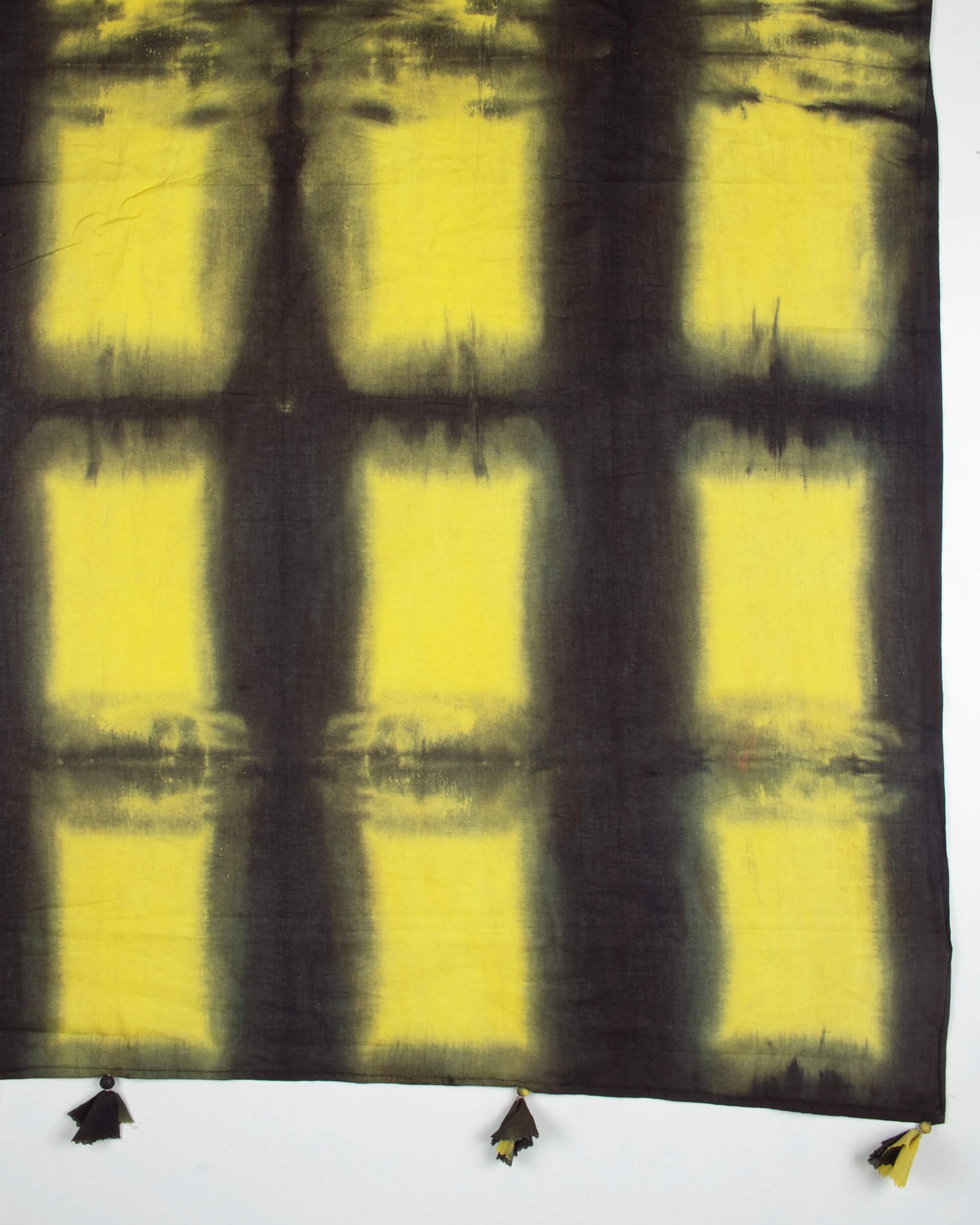 Black And Yellow Shiiborii Hand Tye And Dye Cotton Mulmul Dupatta With Tassels