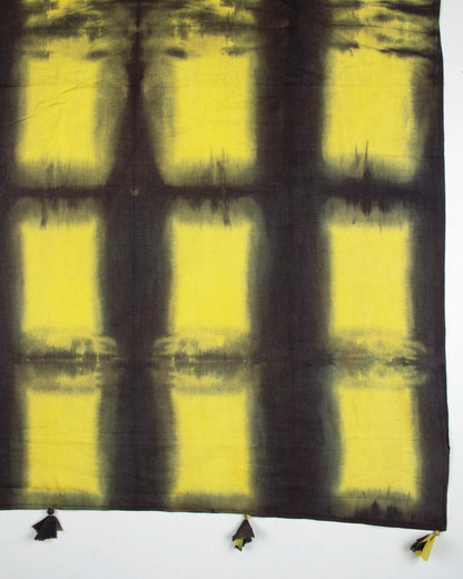 Black And Yellow Shiiborii Hand Tye And Dye Cotton Mulmul Dupatta With Tassels