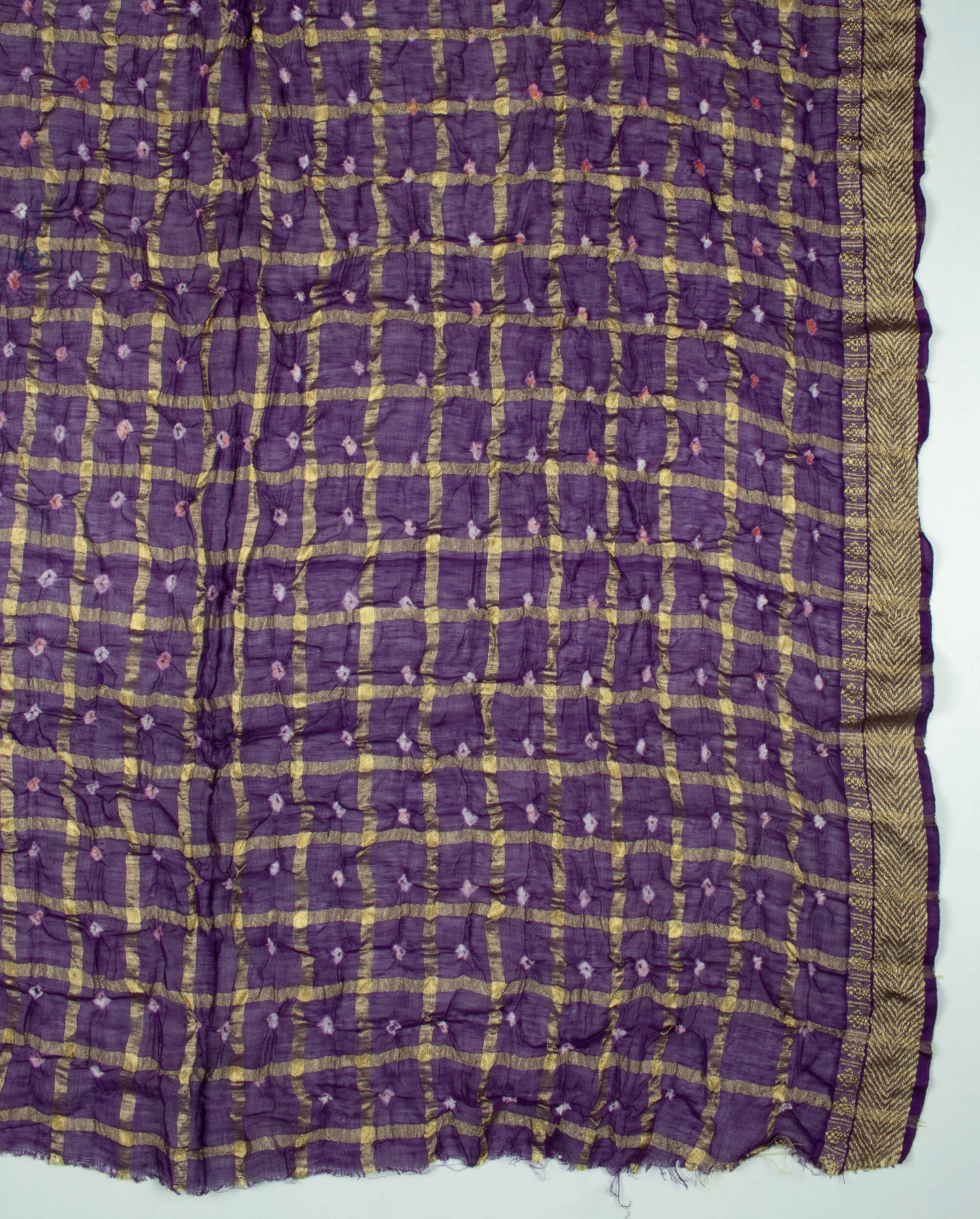Grape Purple Kutchhi Bandhani Tie & Dye Cotton With Checks Zari Border Dupatta