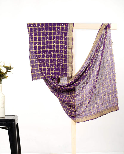 Grape Purple Kutchhi Bandhani Tie & Dye Cotton With Checks Zari Border Dupatta