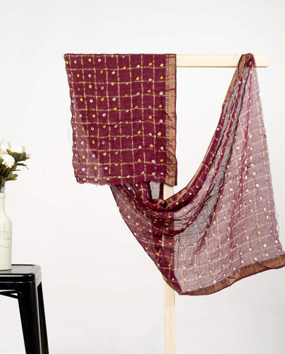 Syrup Brown Kutchhi Bandhani Tie & Dye Cotton With Checks Zari Border Dupatta