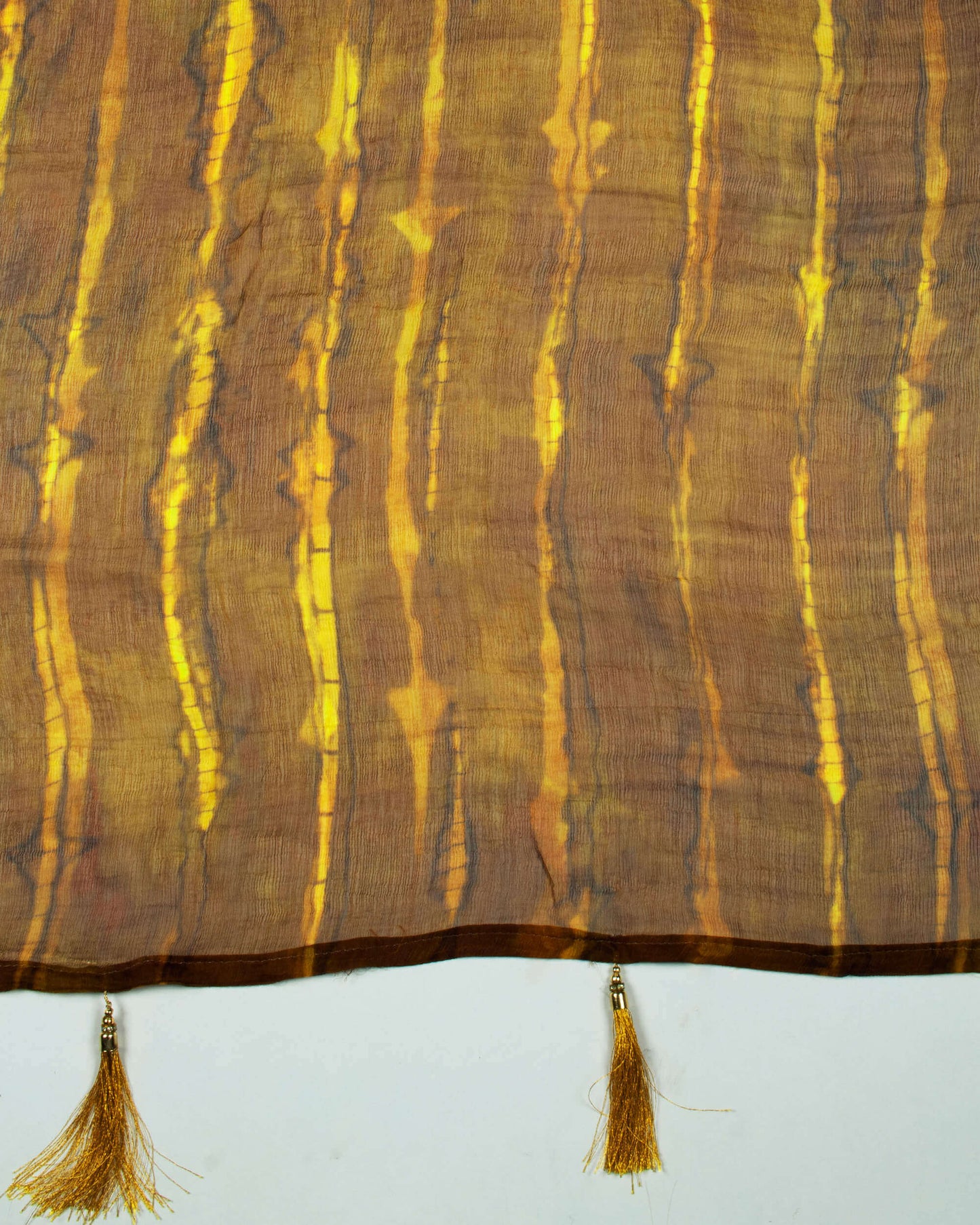 Brown And Yellow Shibori Pattern Digital Print Bemberg Chiffon Dupatta With Tassels - Fabcurate