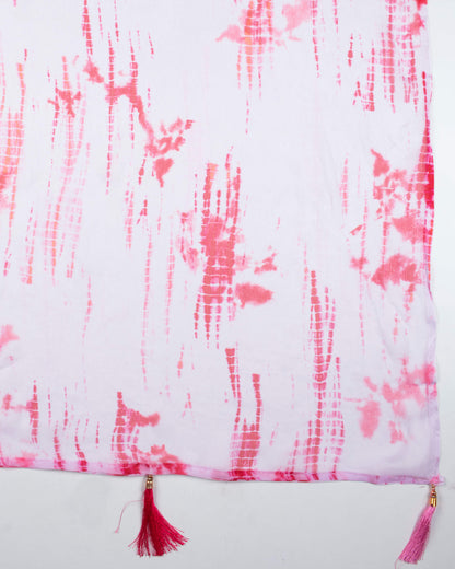 White And Pink Shibori Pattern Digital Print Bemberg Chiffon Dupatta With Tassels - Fabcurate