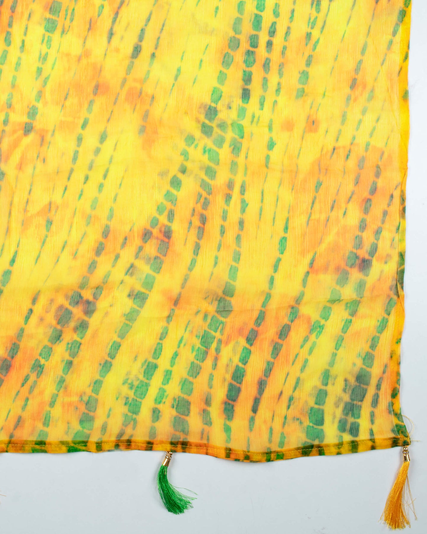 Yellow And Green Shibori Pattern Digital Print Bemberg Chiffon Dupatta With Tassels - Fabcurate