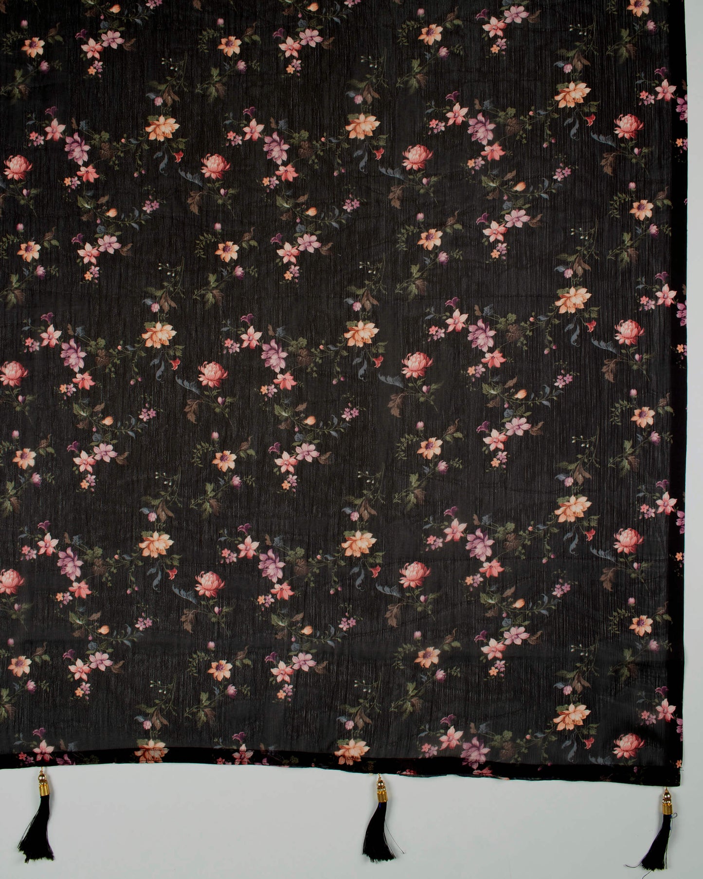 Black And Purple Floral Pattern Digital Print Chiffon Dupatta With Tassels