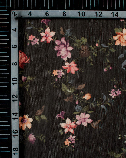 Black And Purple Floral Pattern Digital Print Chiffon Dupatta With Tassels